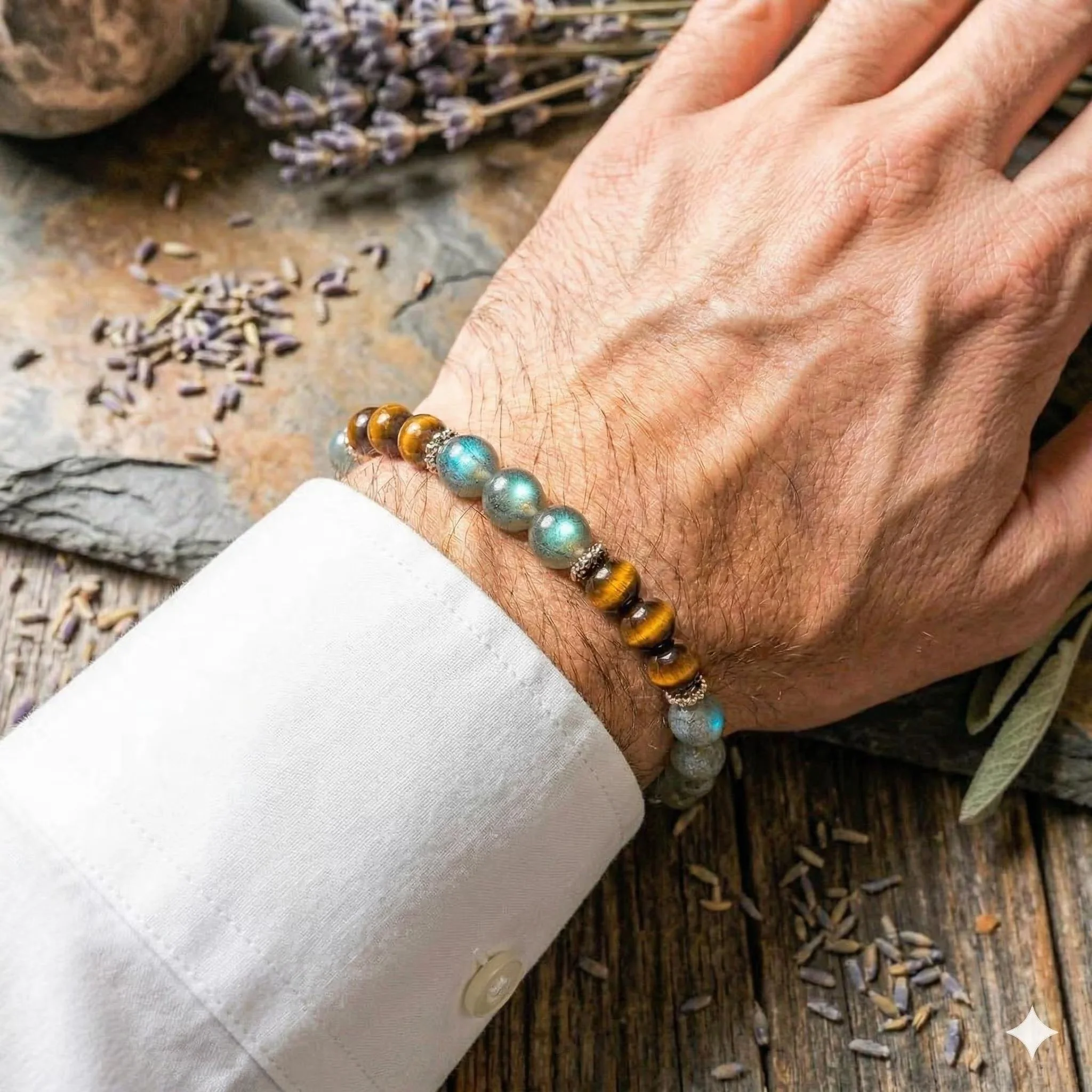 a sophisticated career-transition gemstone bracelet showing the chatoyant shimmer of tiger's eye and the luminous, color-changing labradorescence of the focal bead.