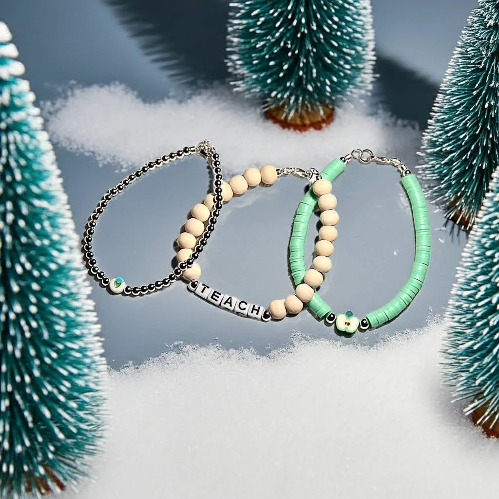 holiday gift photo of the 3mm sterling silver teacher bracelet set shown in the snow by christmas trees, a perfect christmas gift for teachers.