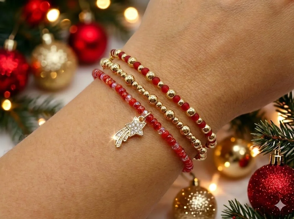 the festive starlight set | 18k gold plated beads + red glass | pave cz shooting star | 3‑piece stack