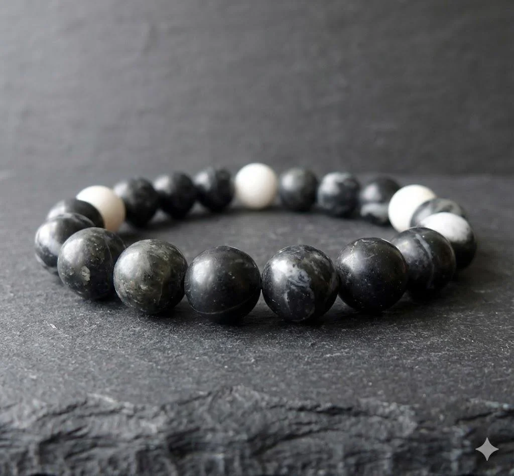 minimalist black and white stone bracelet handcrafted with genuine zebra jasper for a balanced, earthy aesthetic.