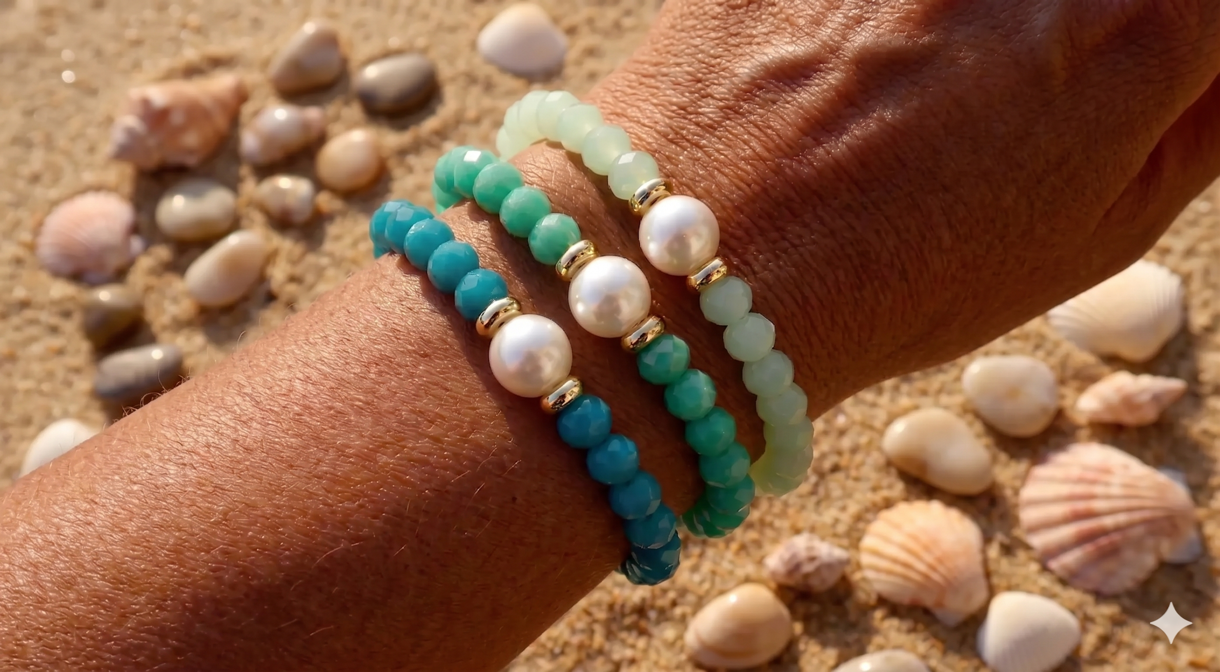 the ocean‑hearted dreamer set | sea glass faceted glass + mother of pearl | gold finish | 3‑piece stack