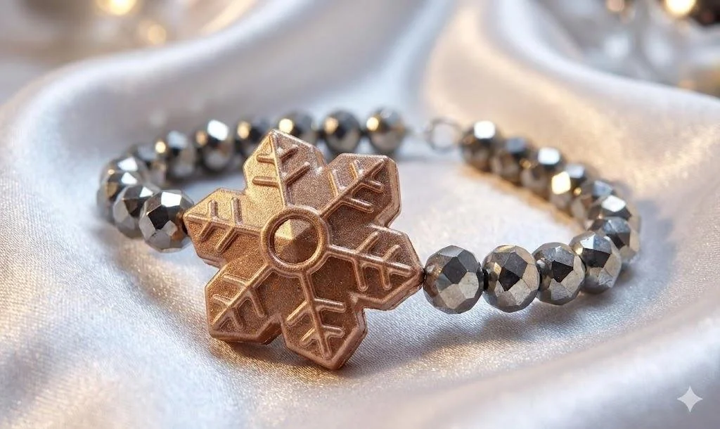 handcrafted winter-themed jewelry featuring a sensory-friendly silicone snowflake and sparkling faceted glass accents.