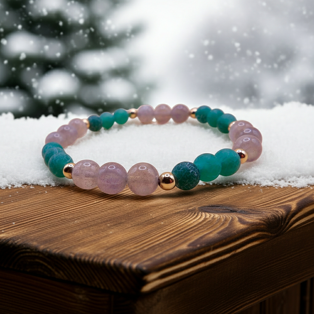 snowy holiday photo of green fire cracked agate and labradorite gemstone bracelet.