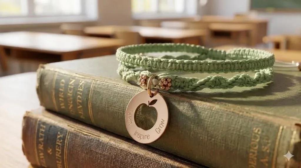 sage green macramé bracelet featuring a rose gold "teach inspire grow" charm.