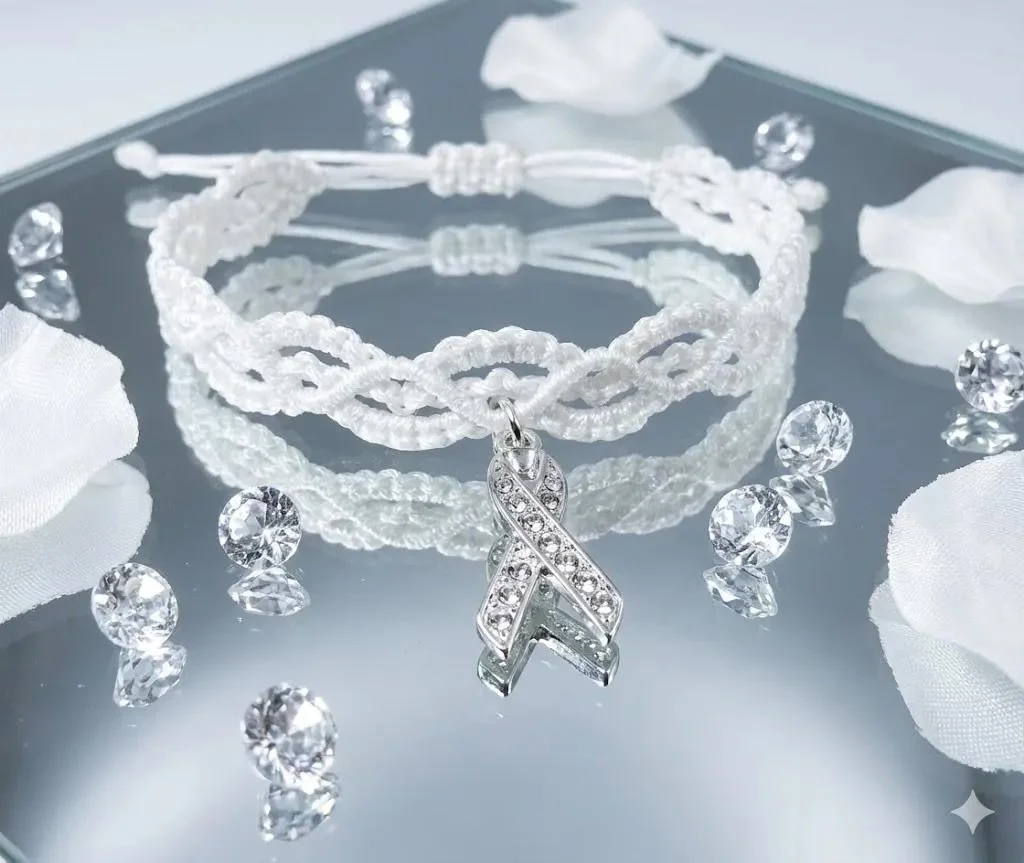 shimmering sterling silver ribbon accent on a dainty white macramé lace band, designed for a romantic and airy aesthetic.