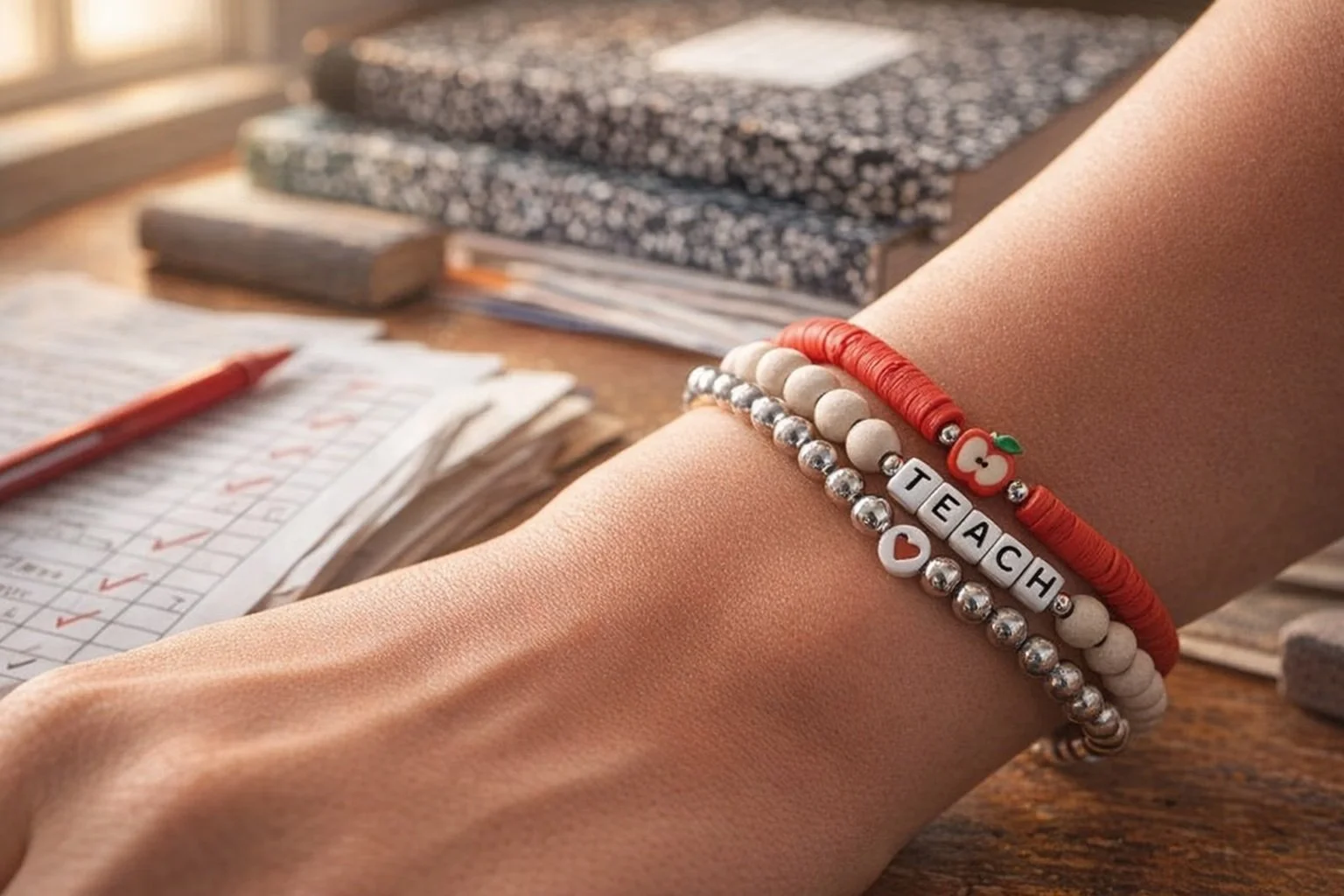 the fun‑loving teacher set | glass + wood + heishi stack | teach word bead + red apple charm
