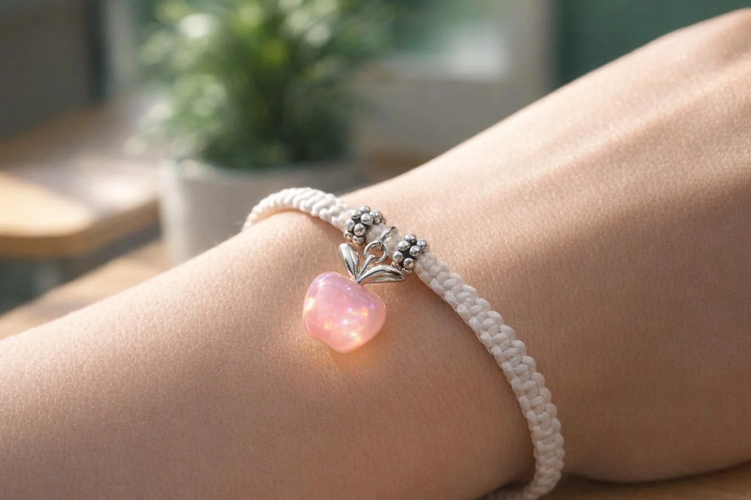 Handcrafted pink macramé apple bracelet designed as a sentimental and long-lasting gift for teachers and mentors.