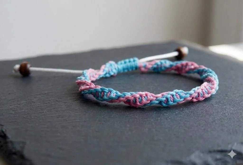 pink and blue twisted macramé waterproof bracelet.