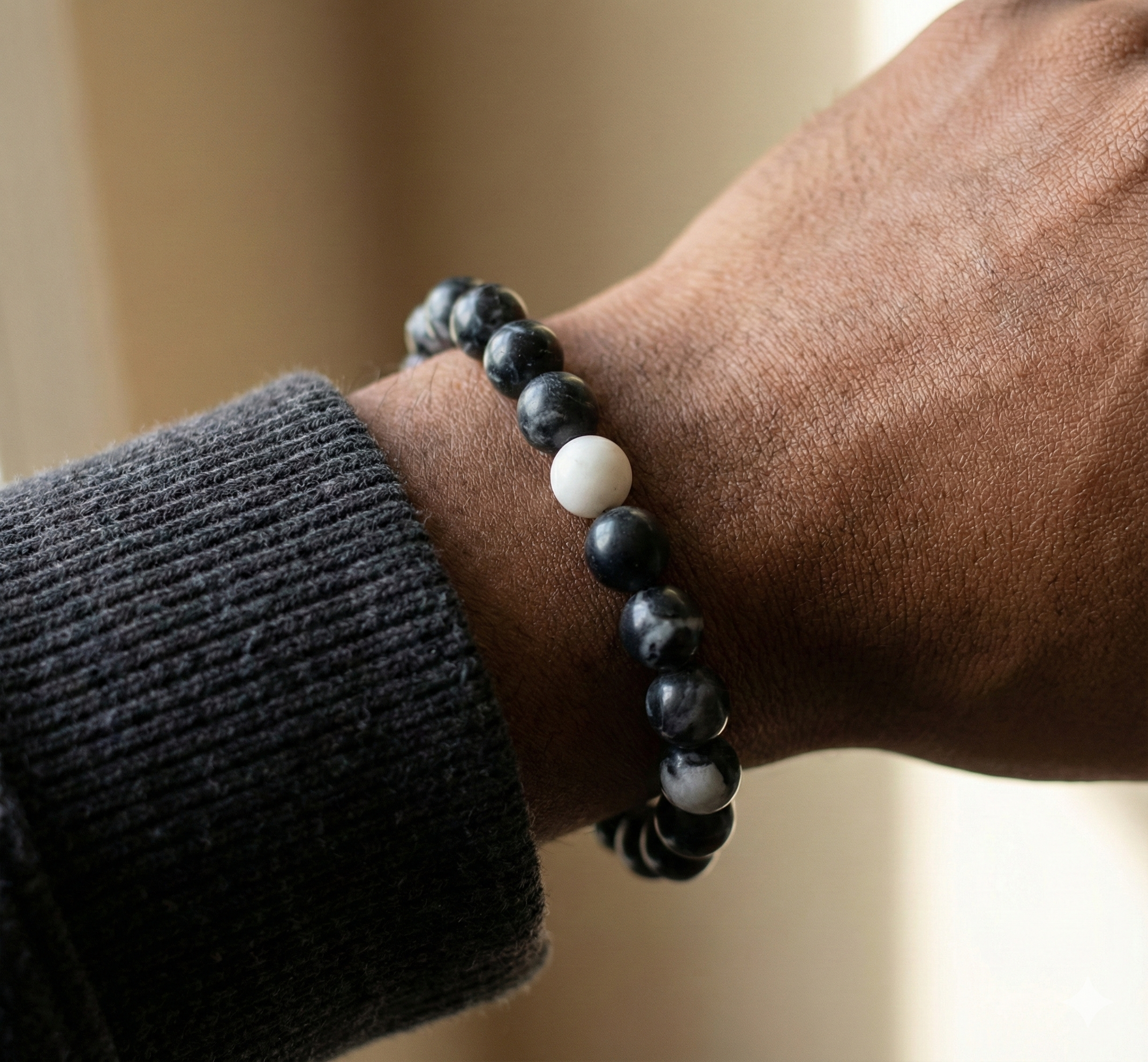 the balanced minimalist bracelet | 8mm zebra jasper | black + white gemstone stretch