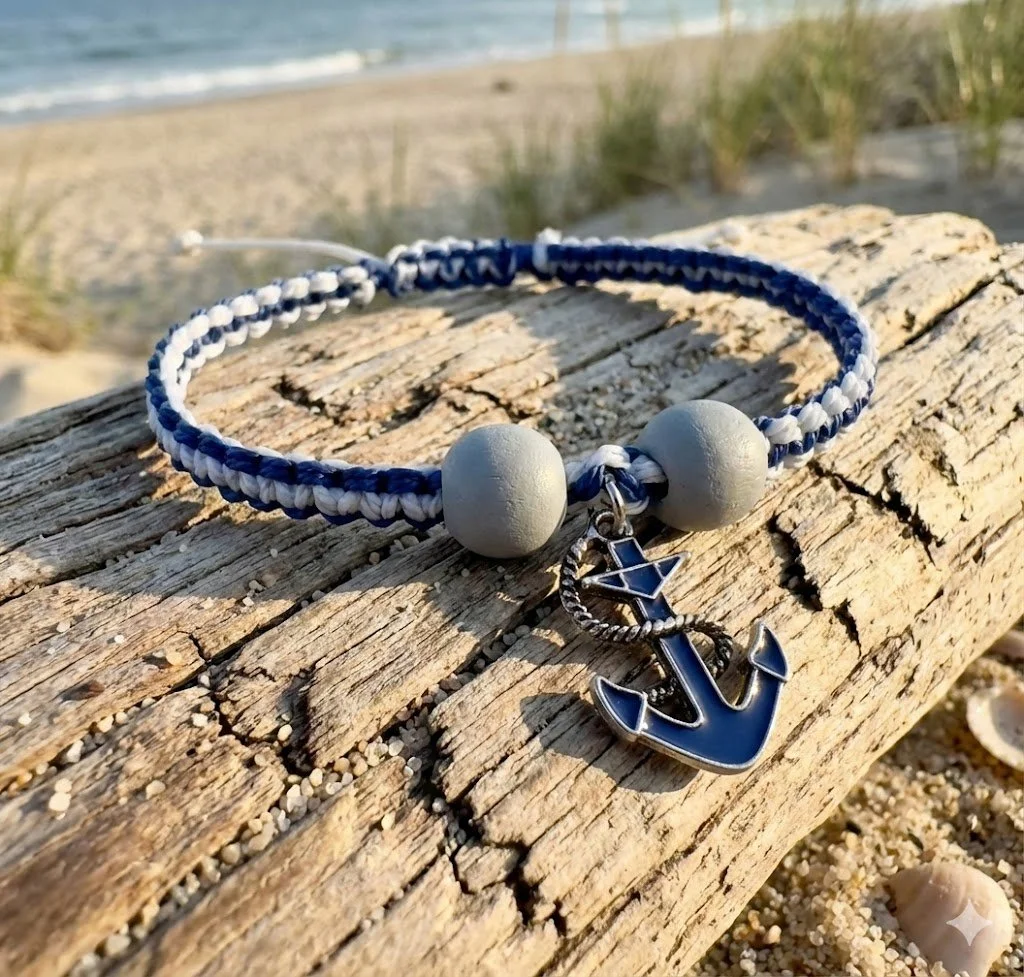 the coastal adventurer bracelet | gray + blue macrame | blue anchor charm + wood beads | adjustable