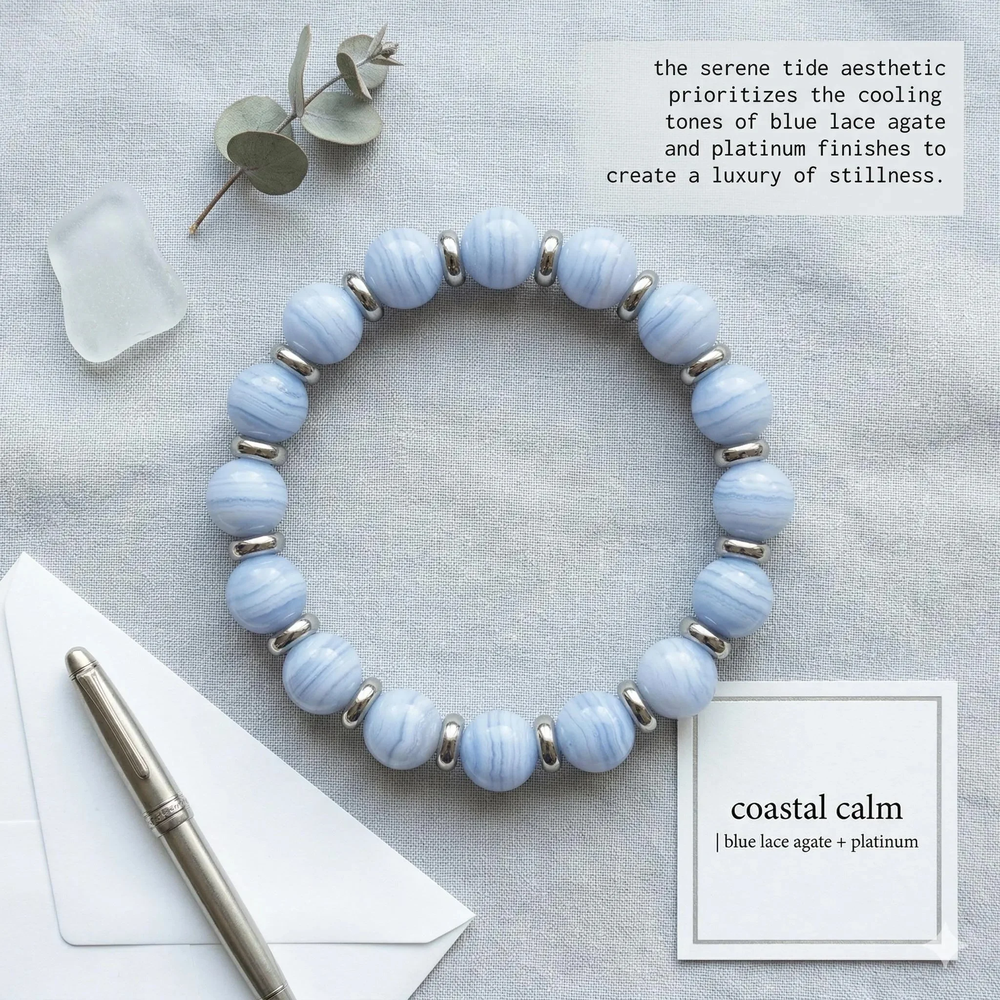 the coastal calm bracelet | blue lace agate + platinum-plated heishi | minimalist 1x1 | stretch fit