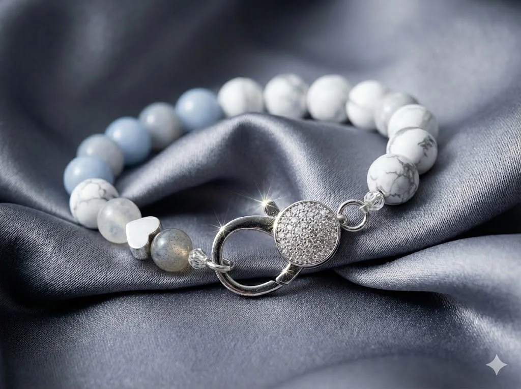 the pavé clasp statement bracelet | sterling silver + howlite + blue lace agate