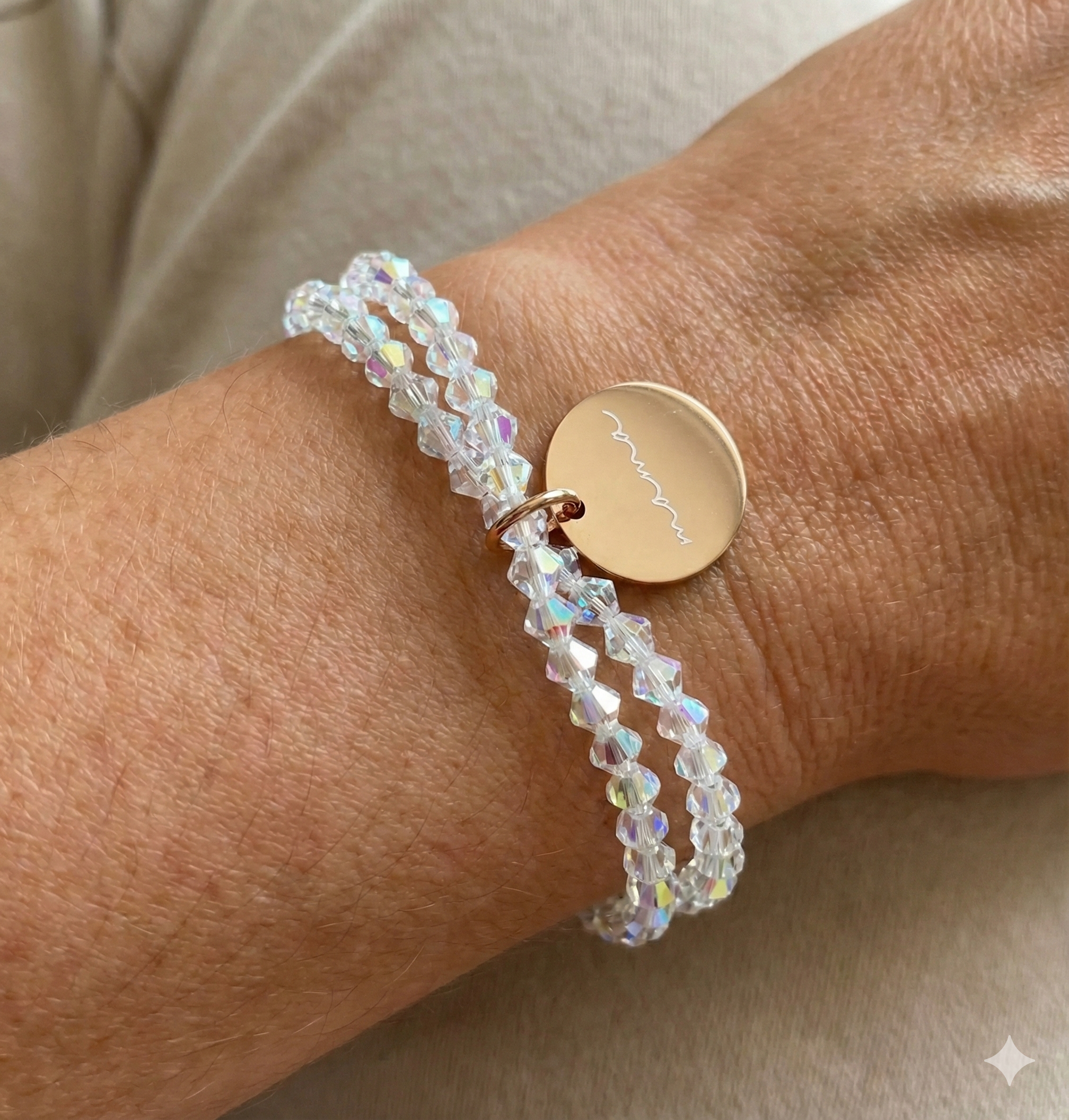 the radiant mama bracelet | rose gold plated “mama” charm + ab crystal crossover | hypoallergenic stretch