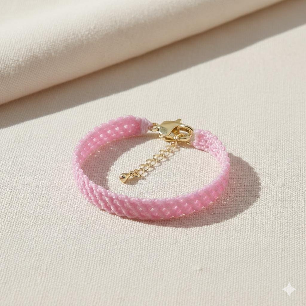 the pink lace bracelet | layered micro‑macramé in baby pink | 18k gold filled clasp + extender