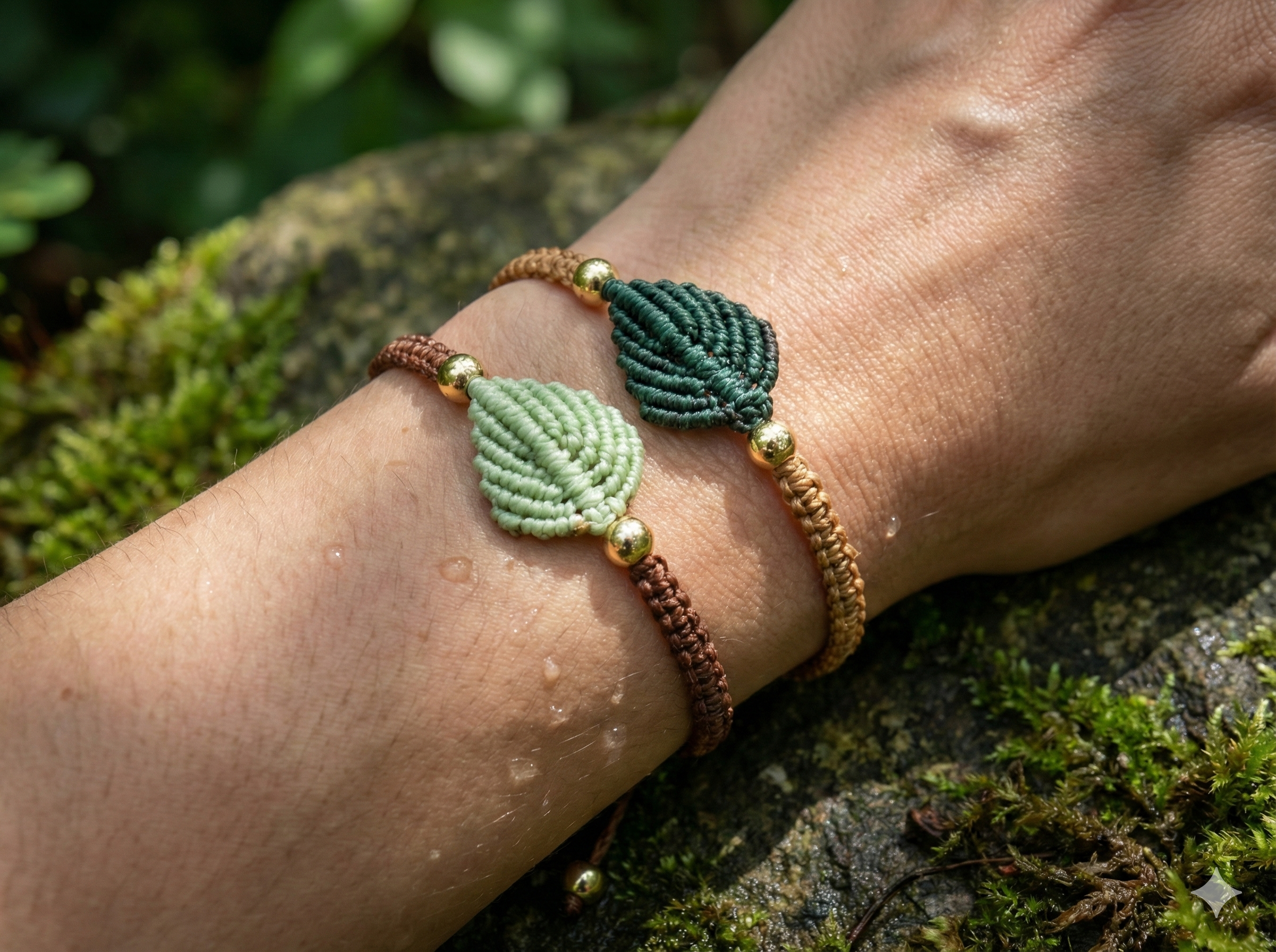 the botanical collector bracelet set | micro‑macramé leaf duo | green + brown with gold accents