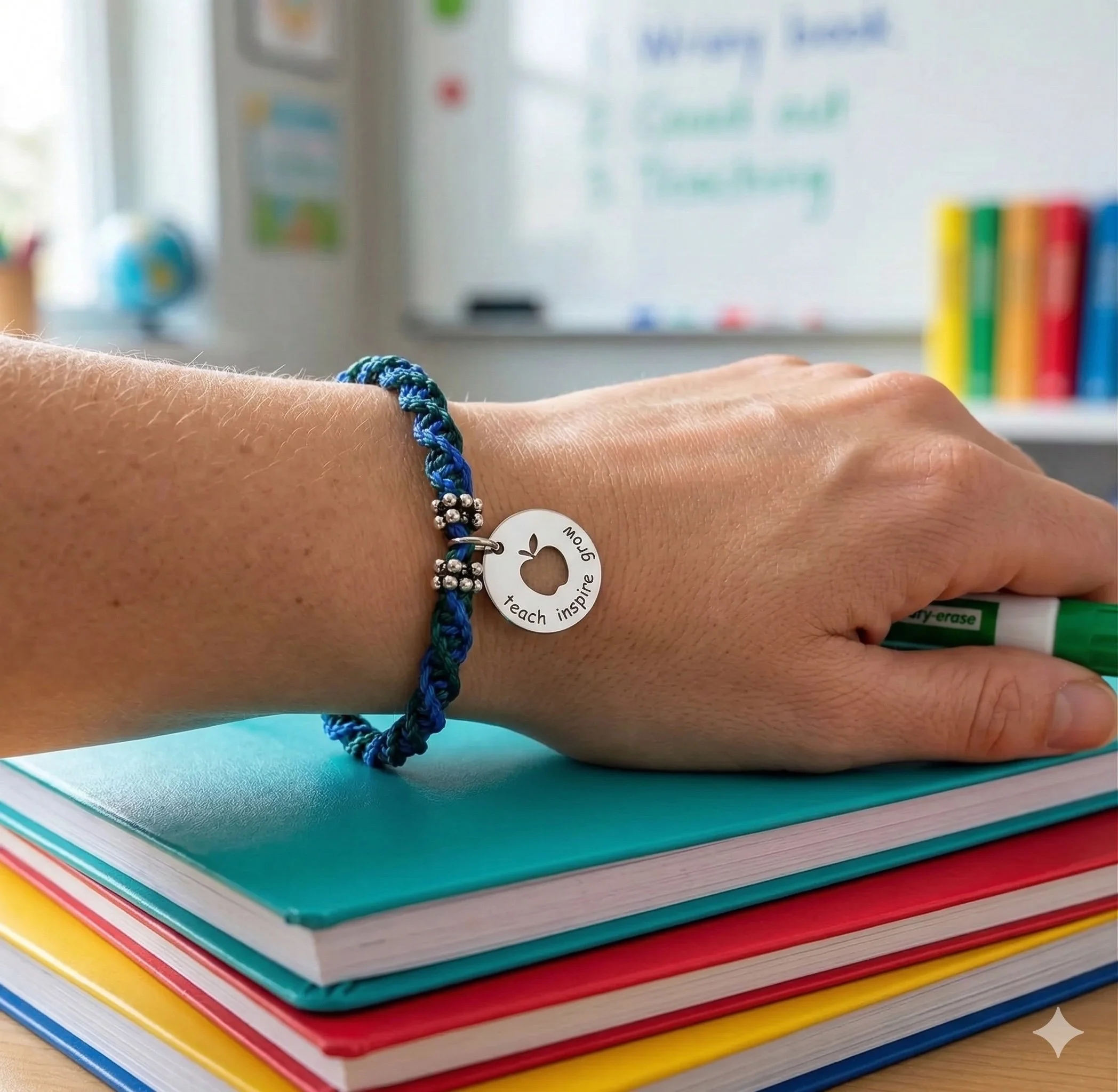 blue and green hand-twisted macramé teacher bracelet on a wrist with a stainless steel 'teach inspire grow' charm.