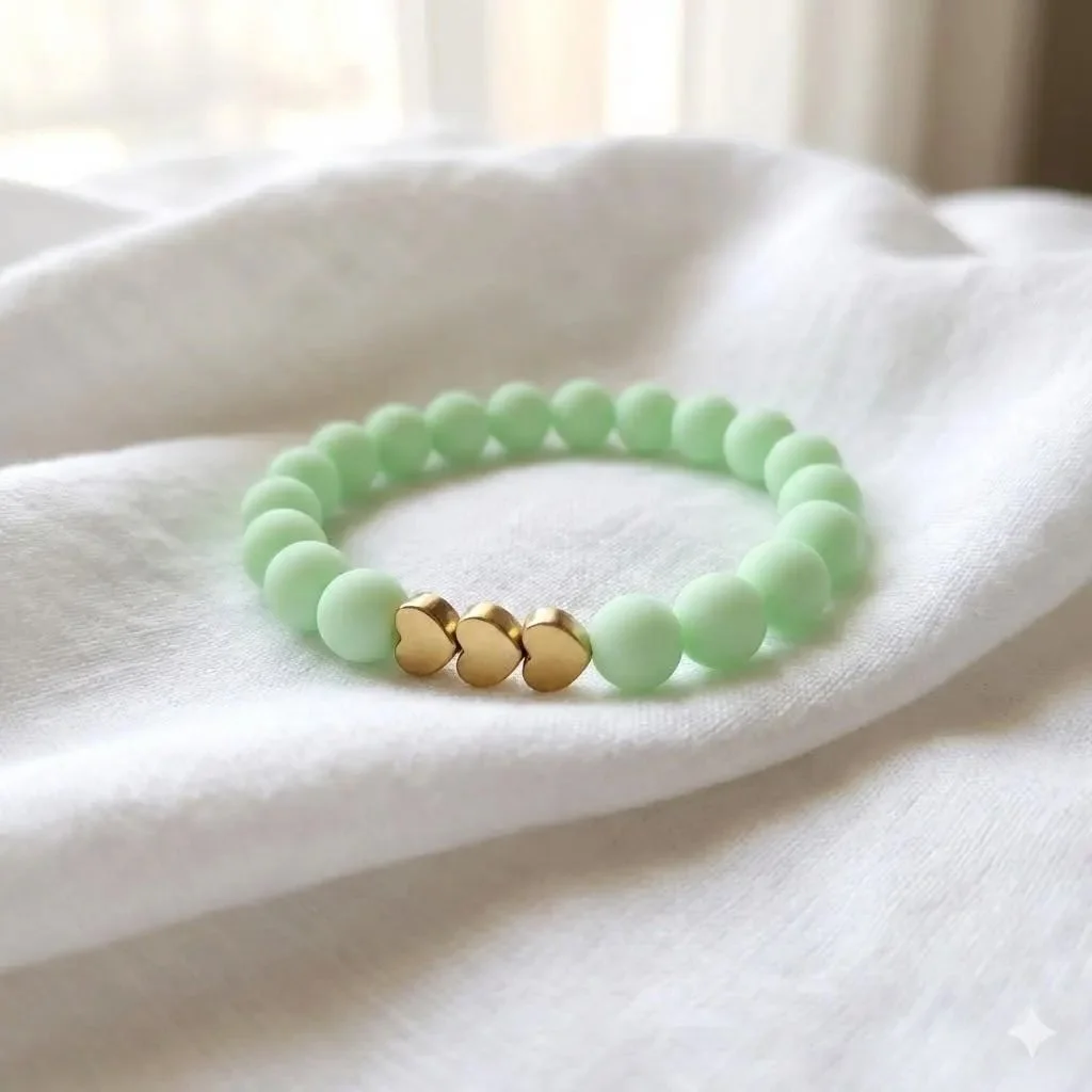 Mint green matte heart bead on an 18k gold plated 5mm bead bracelet.