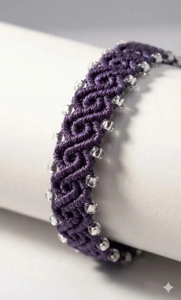 a highly detailed artisan bracelet showing the technical fiber knots and a secure adjustable sliding knot closure.