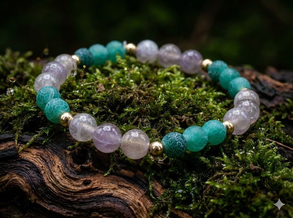 the earthy mystic bracelet | green fire cracked agate + labradorite | 18k gold plated stretch