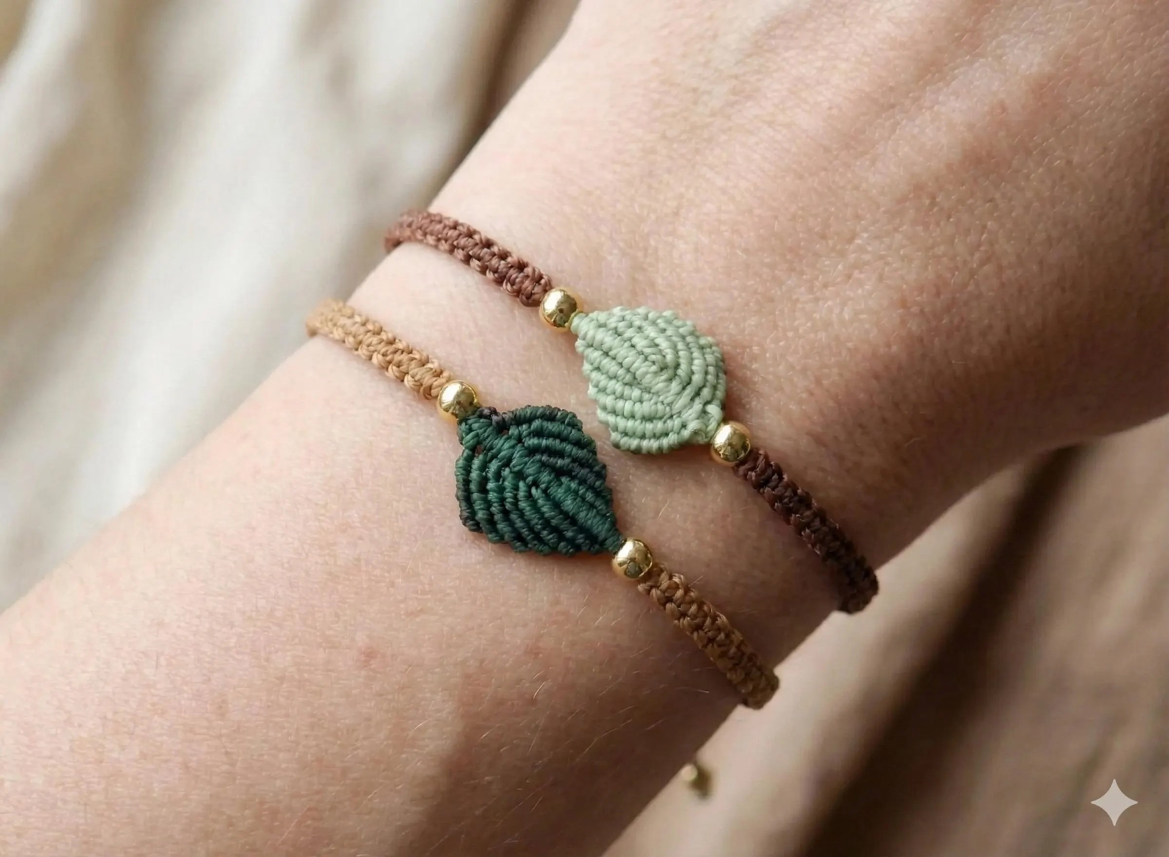 the botanical collector set featuring a handcrafted micro-macramé leaf duo in deep forest green and earth brown with gold accents.