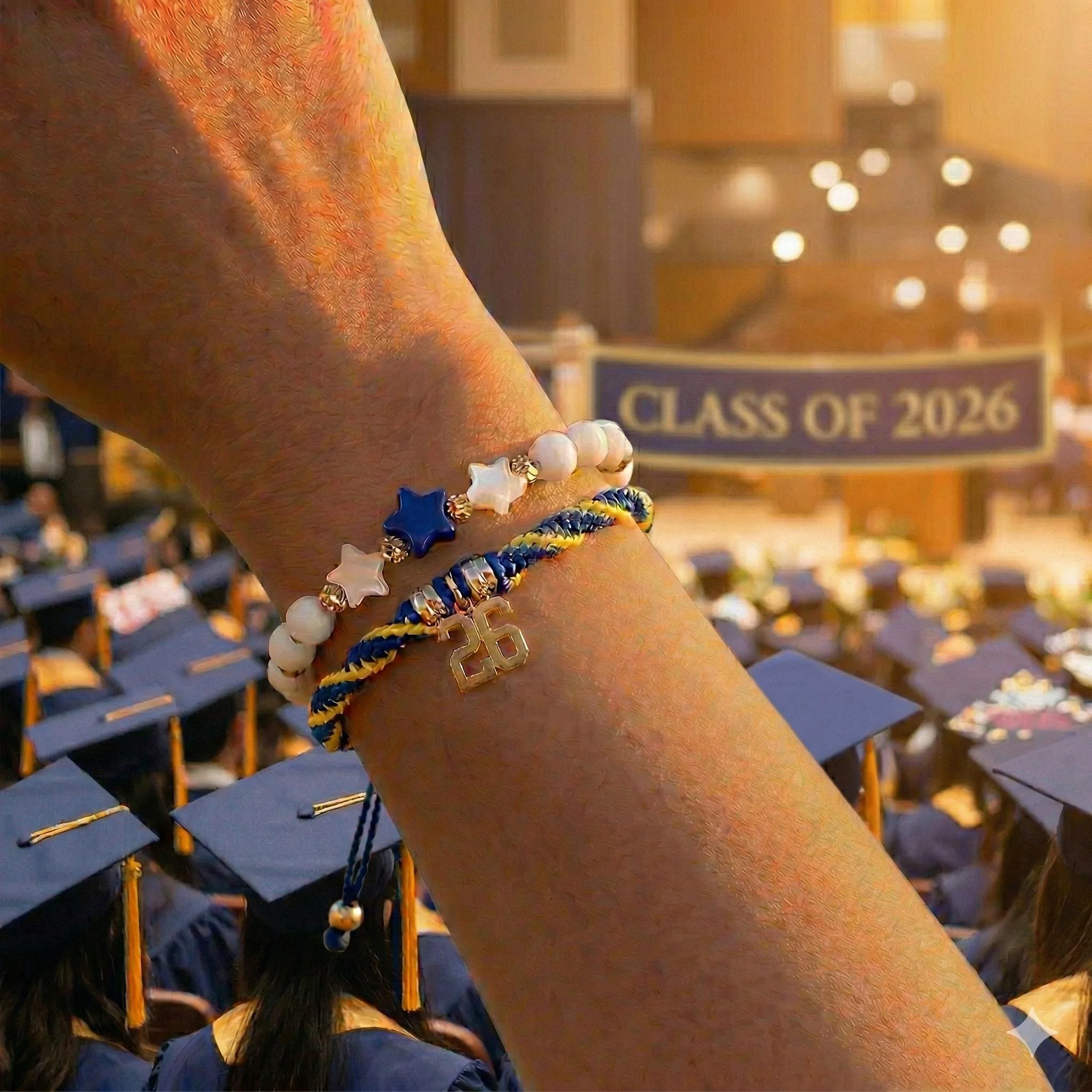 a sophisticated 2-piece graduation stack showing the contrast between milky white jade and high-shine tarnish-proof gold hardware.