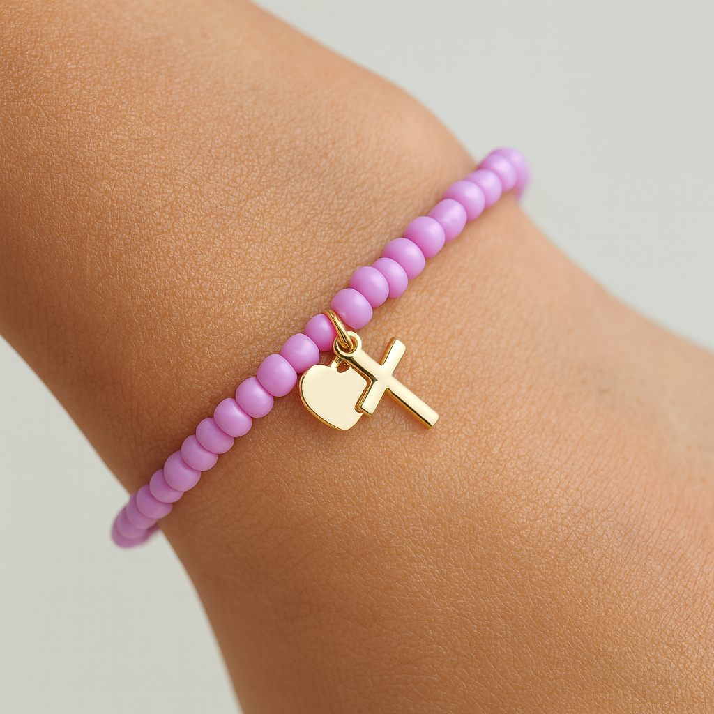 the faithful minimalist bracelet | 18k gold plated cross + heart | dainty seed beads | choose your color