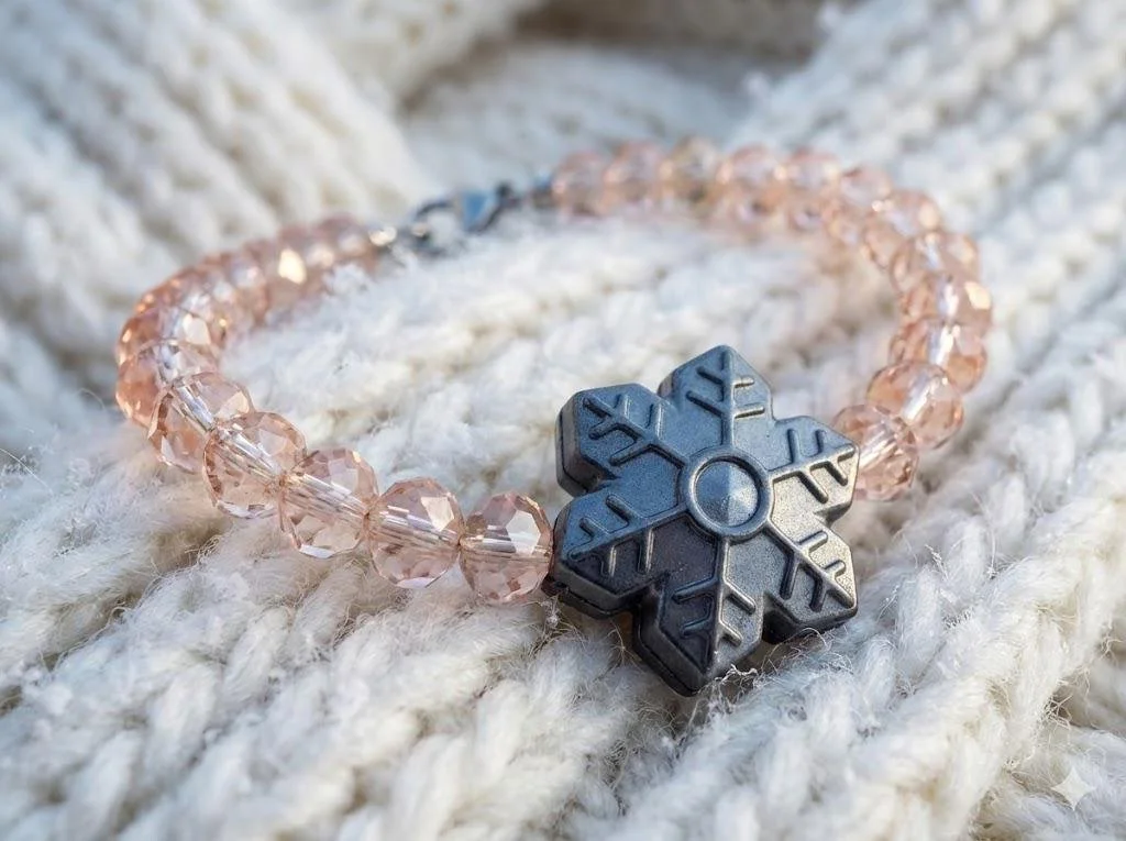 a light-catching holiday bracelet showing the high-refractive glass beads and a centered snowflake charm in a custom color.