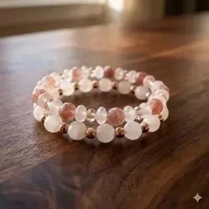a luxury pink jewelry set showing the contrast between translucent rose quartz and the red-flecked texture of strawberry quartz.
