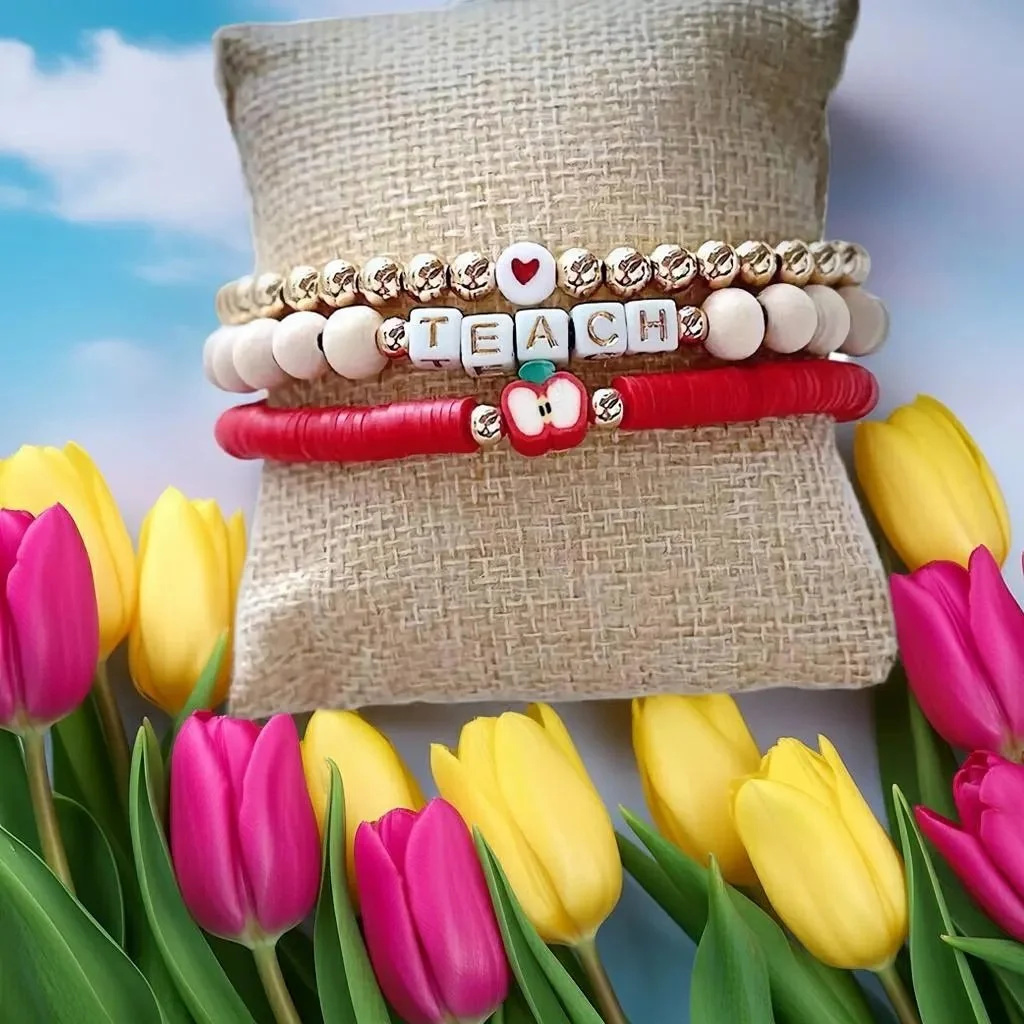 the efficient educator bracelet stack featuring a gold magnetic clasp for easy on-and-off wear, ideal for busy teachers.