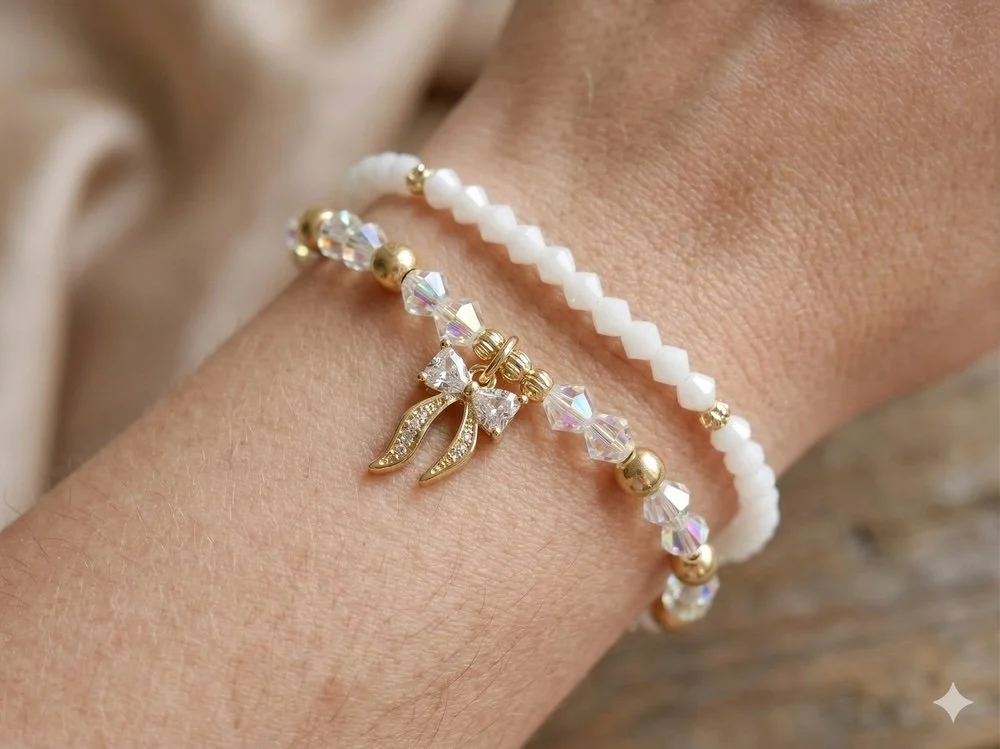 the bowheart couture duo set | heart‑bow charm bracelet + soft glow crystal bracelet | curated luxury set