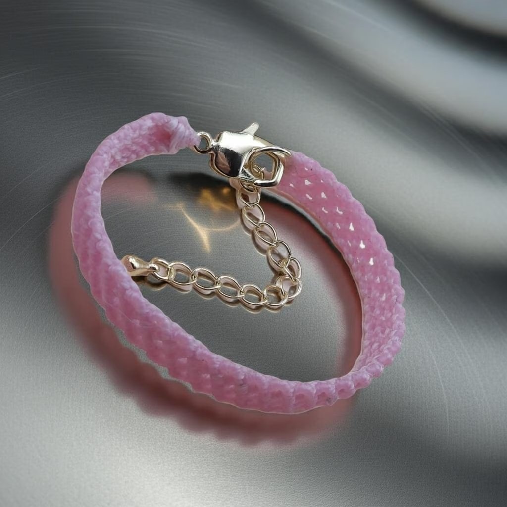 handmade baby pink layered macramé bracelet featuring gold-filled details.