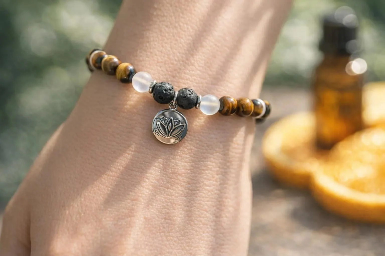 the creative spirit bracelet | lotus charm aromatherapy | tiger’s eye, spectrolite + lava rock | stainless steel