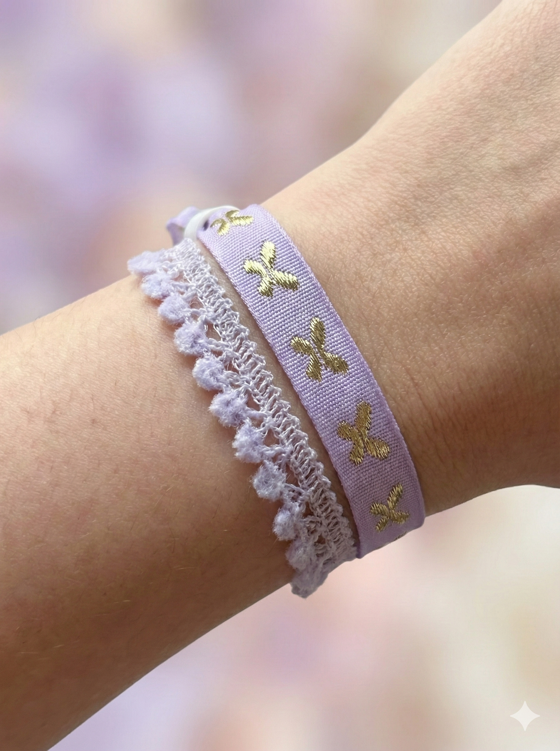 the flutter daydream ribbon stack | lilac butterflies + lace pom trim | adjustable slider