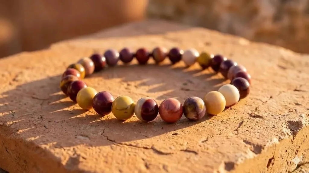 dainty mookaite jasper stretch bracelet showing the rich, earthy colors of the natural australian gemstones.