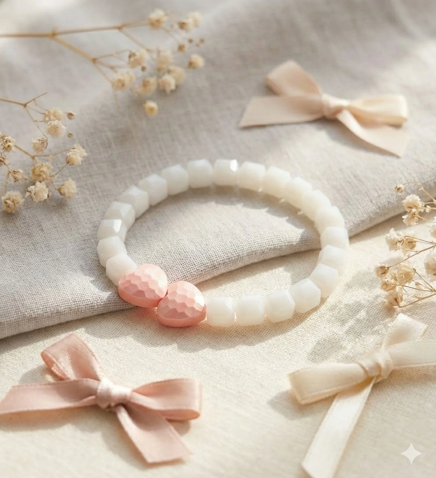 the rosy hearts bracelet | shimmery pink heart beads + white faceted glass cubes