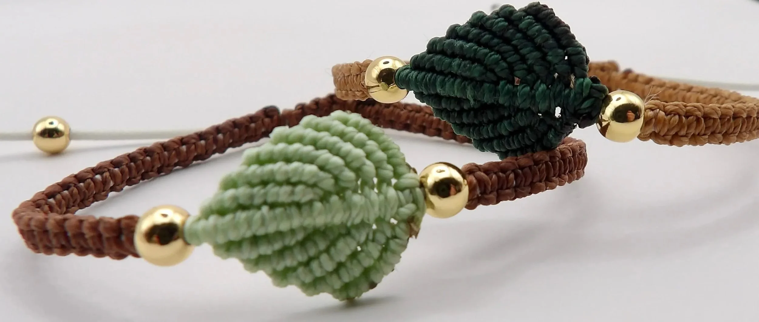 durable waterproof leaf macramé bracelet set in green and brown tones ideal for an active outdoor lifestyle.