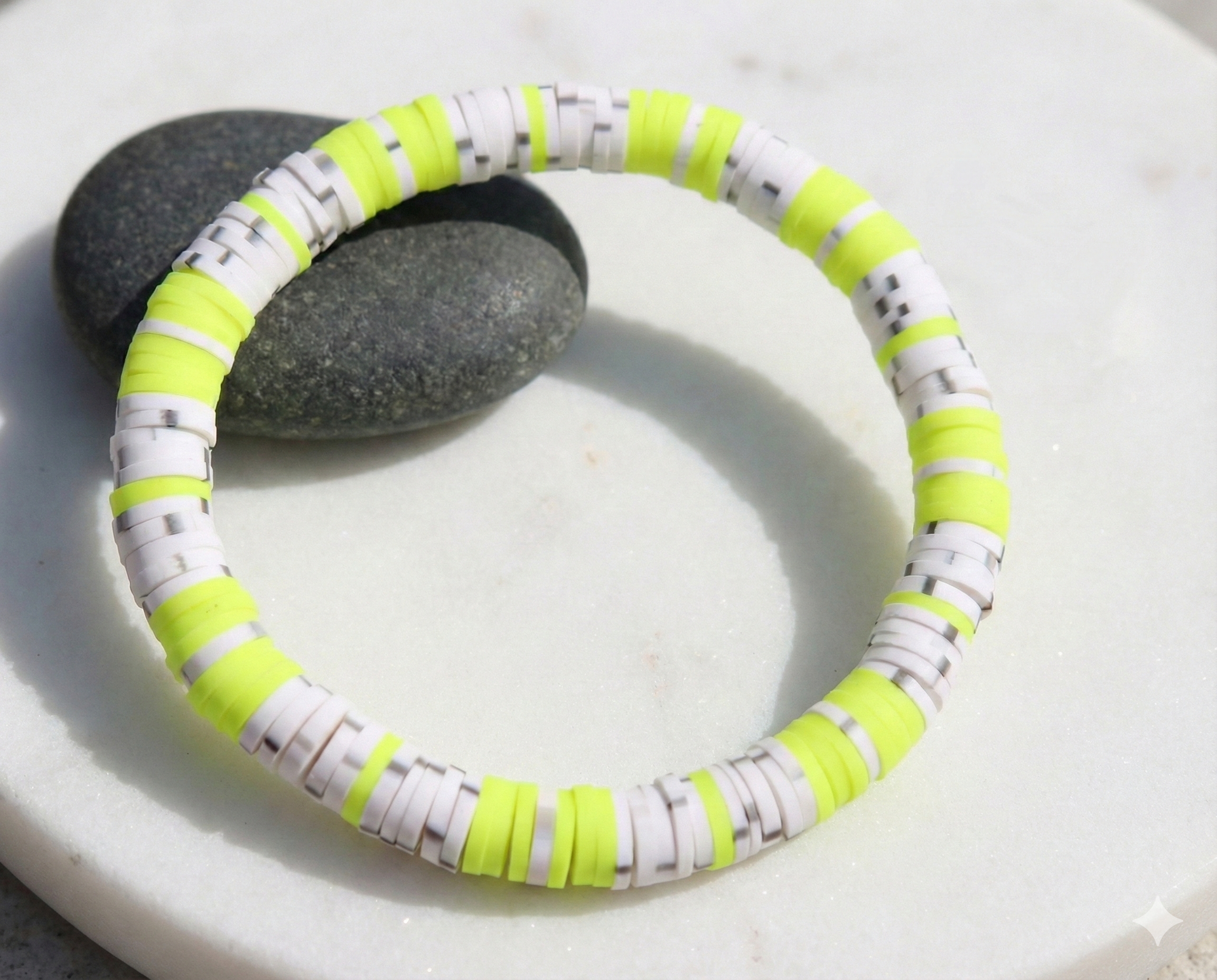 the neon pulse bracelet | chartreuse + white‑gray heishi | modern athletic‑inspired design