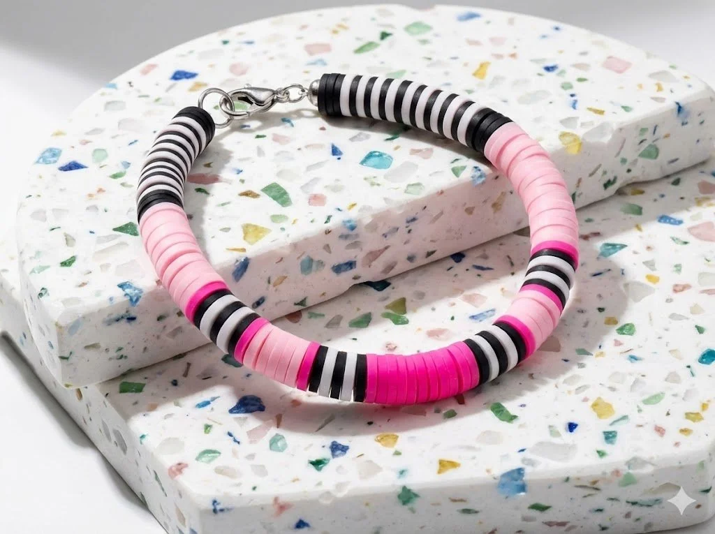 the energetic perfectionist bracelet | symmetrical color‑block heishi | hot pink, black + soft pink