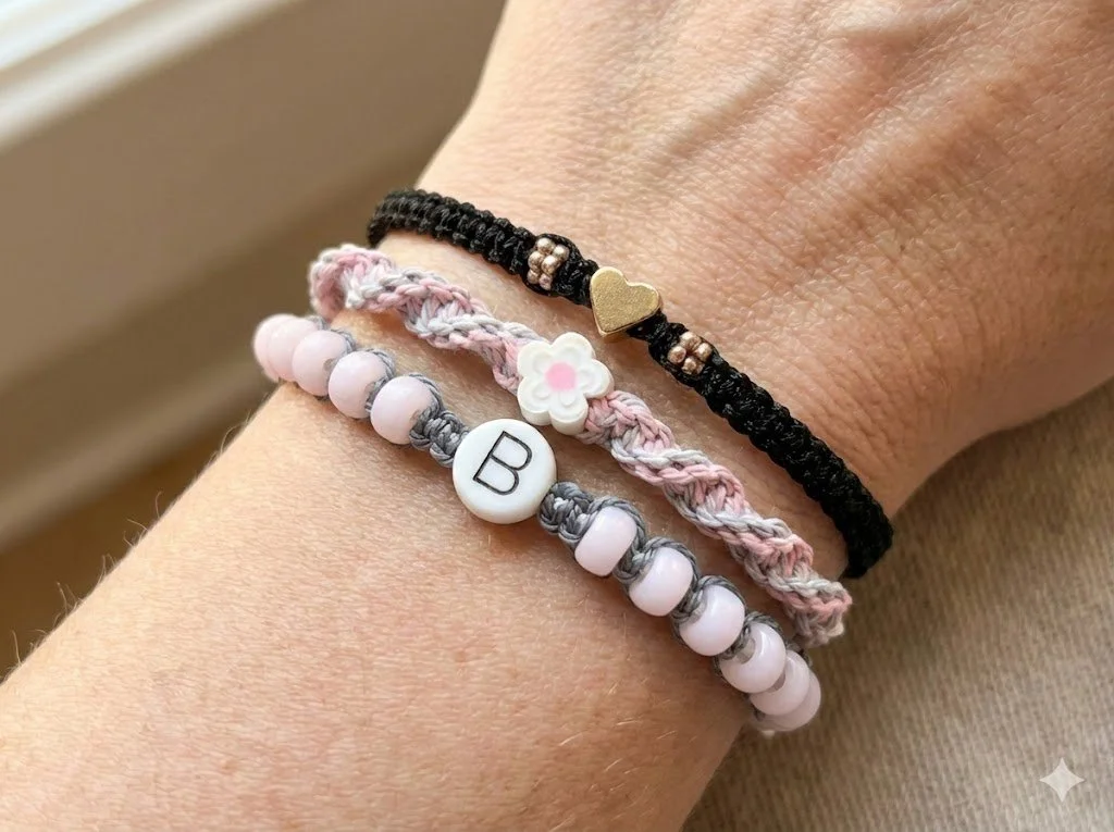 the sentimental stylist set | rose gold plated heart | 3‑piece pink + gray macramé stack
