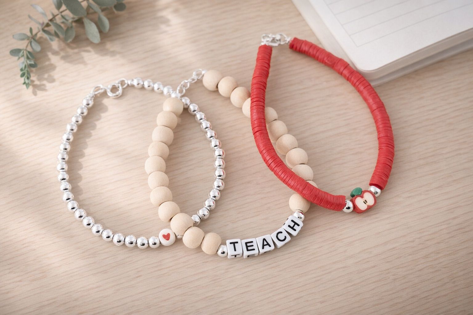 the classic educator set | 5mm sterling silver stack | teach + red apple charm
