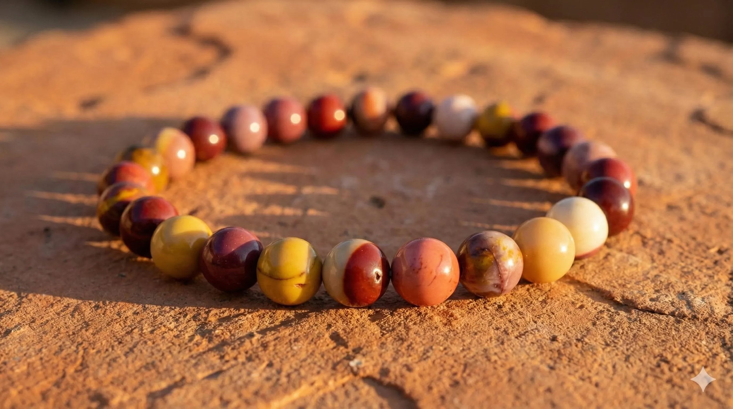 the earthy wanderer bracelet featuring 6mm mookaite jasper beads in a variety of natural burgundy, mustard, and cream tones.