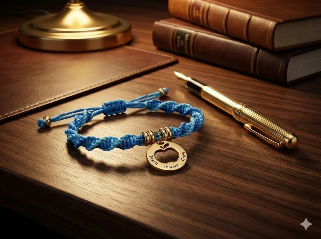 the golden mentor bracelet | 18k gold plated “teach inspire grow” charm + blue macrame | hypoallergenic