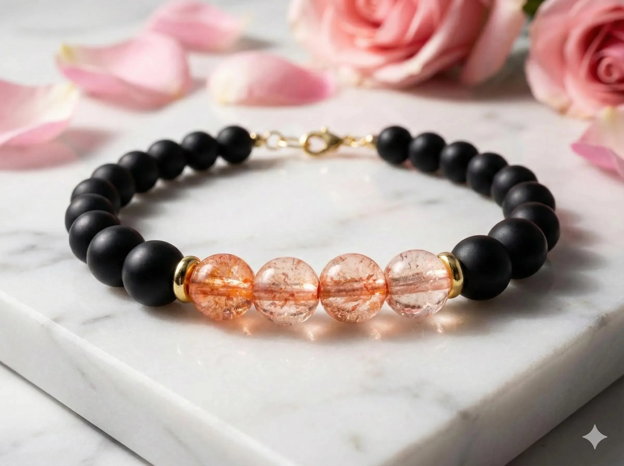 the edgy romantic bracelet | matte black onyx + pink crackle quartz | 18k gold plated accents
