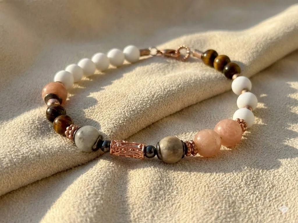 the free spirit bracelet | asymmetrical gemstone mix + rose gold finish | tiger’s eye, jade, sunstone, amazonite
