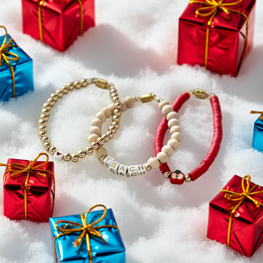 our handmade 6mmmm 18k gold and wood teacher set shown in a snowy scene, surrounded by presents. a perfect unique holiday gift for an educator.