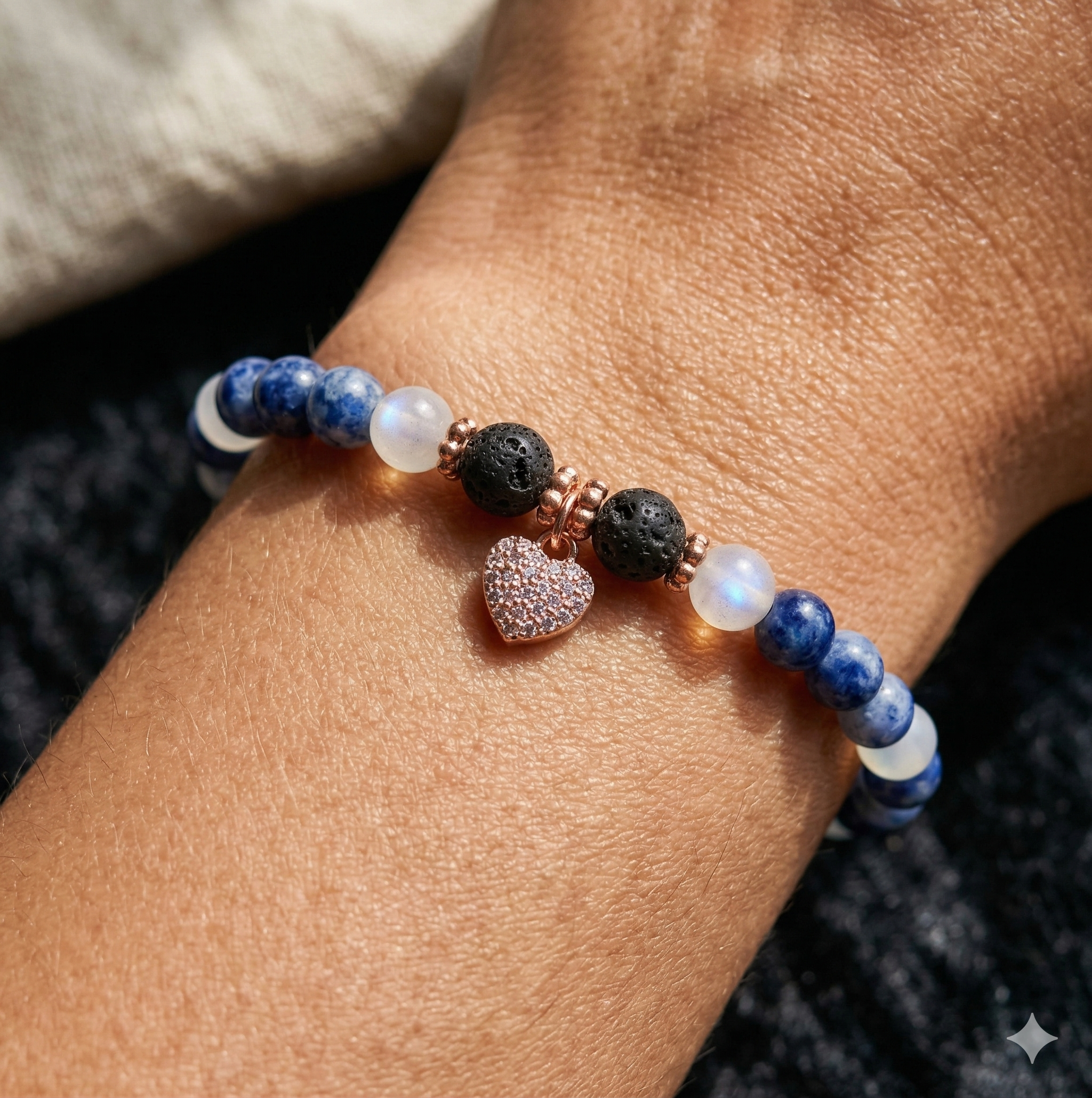 the romantic mystic bracelet | rose gold pavé heart + sodalite | lava rock diffuser