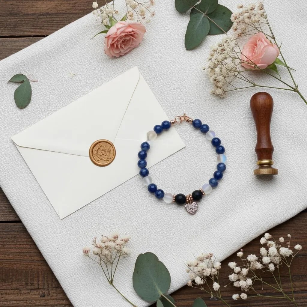 close-up of the signature blue gemstone cluster highlighting the iridescent shimmer of opal and spectrolite against 18k gold.