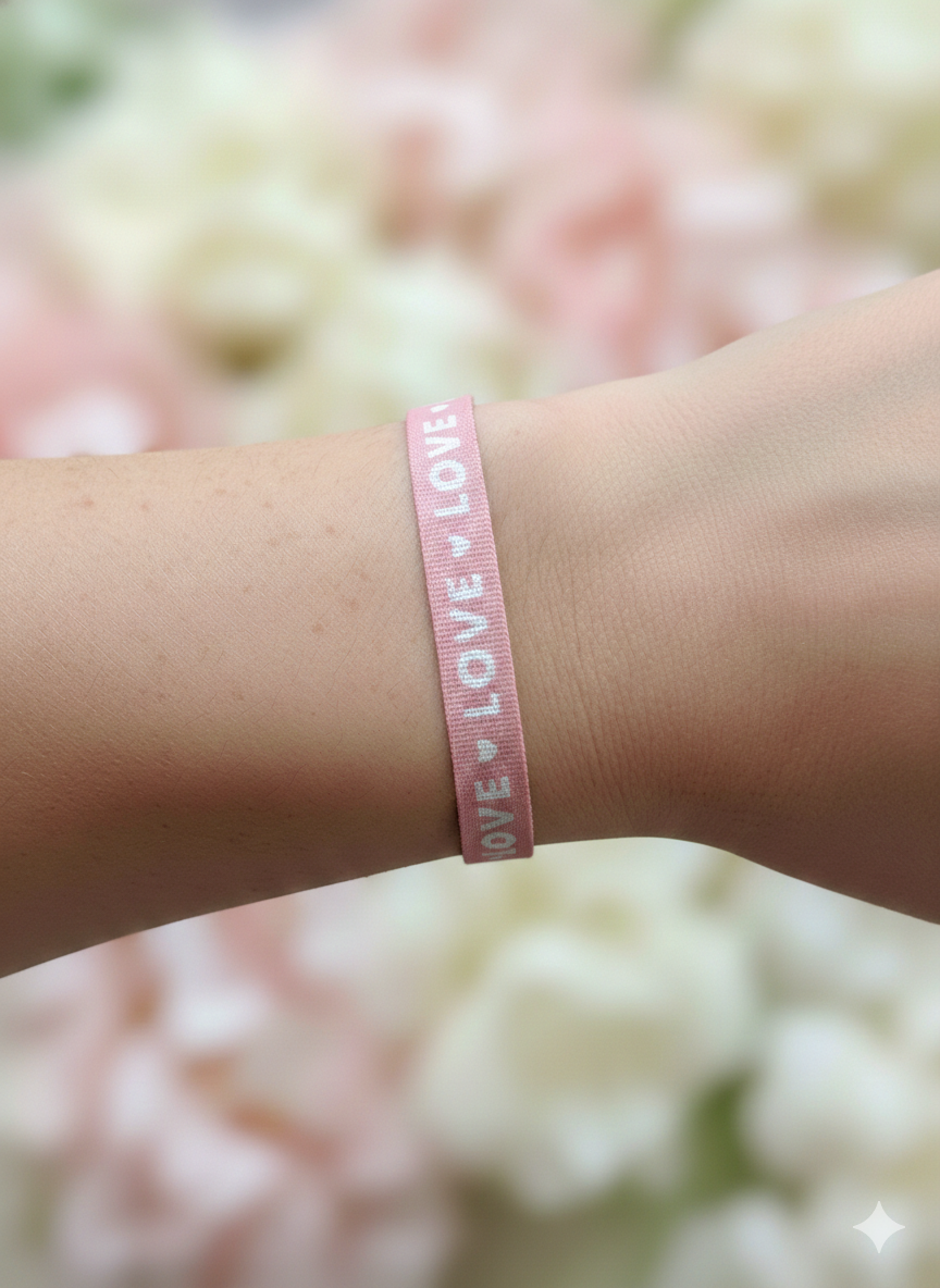 the love letter daydream bracelet | pastel pink ribbon with white “love” script + tiny hearts | adjustable with white plastic slider