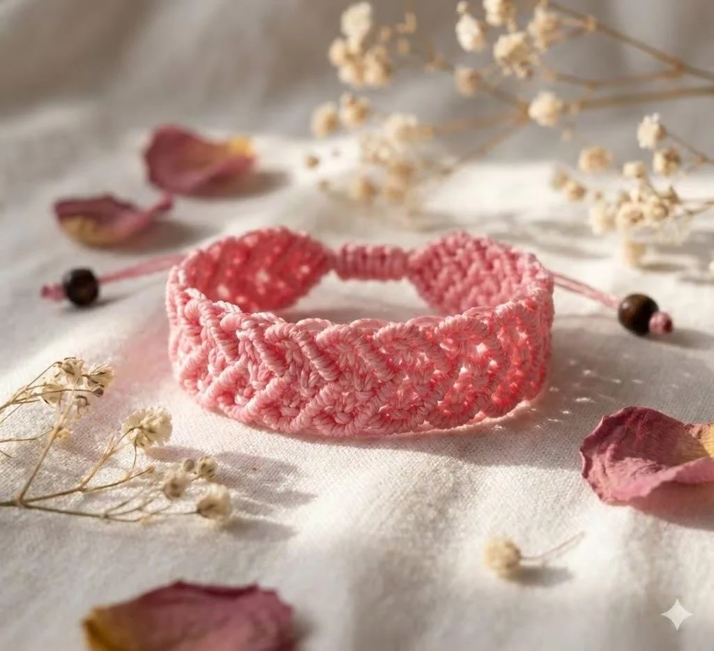 the romantic bohemian bracelet featuring a wide hand-woven macramé cuff with an intricate repeating heart pattern.