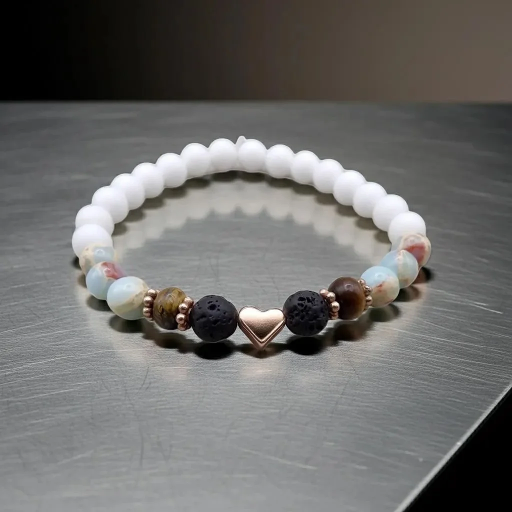 a sophisticated wellness bracelet showing the porous texture of the black lava stone and the high-shine finish of the rose gold heart.